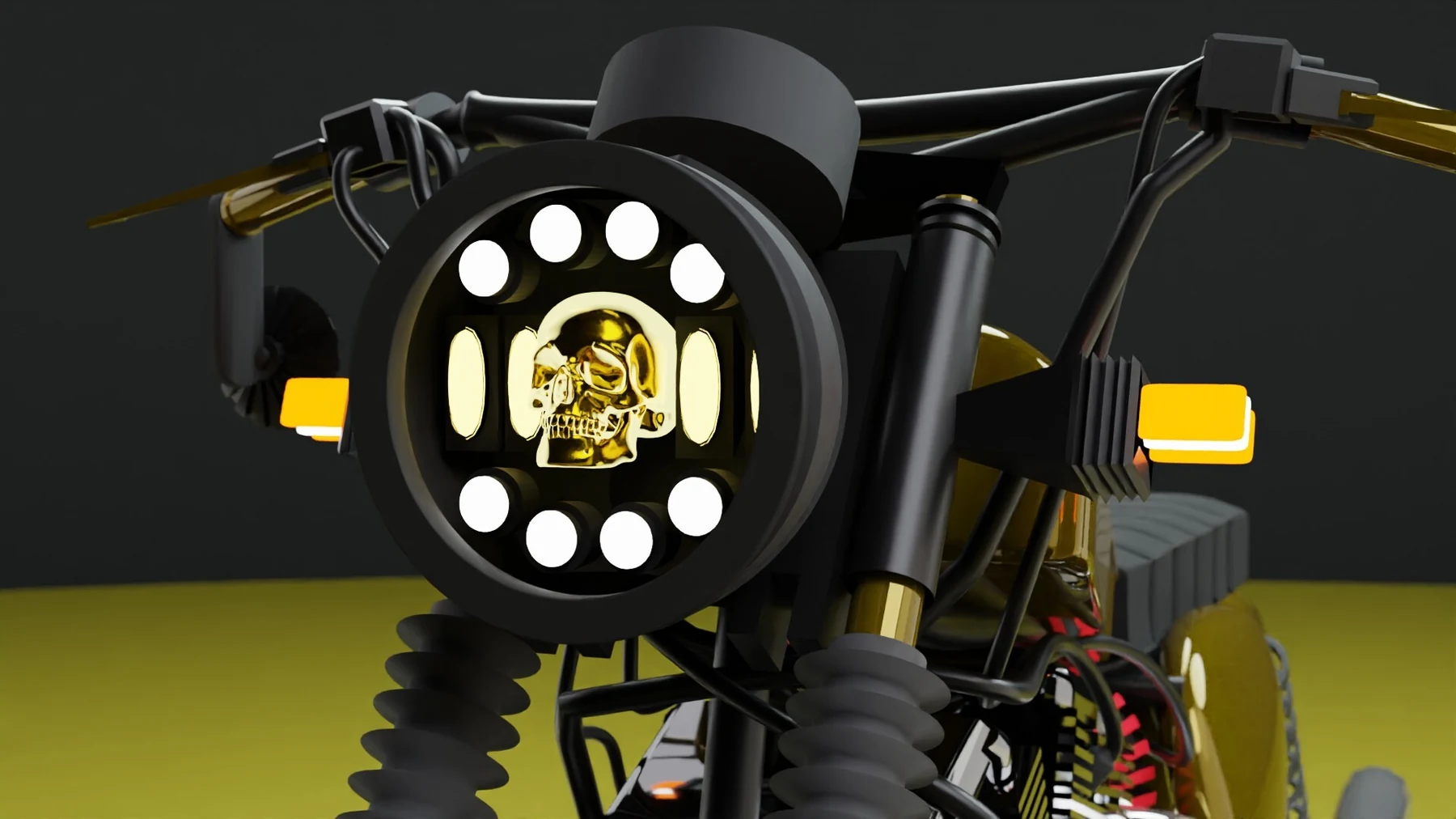 Front view of the custom motorcycle with its gold skull headlamp and amber indicators