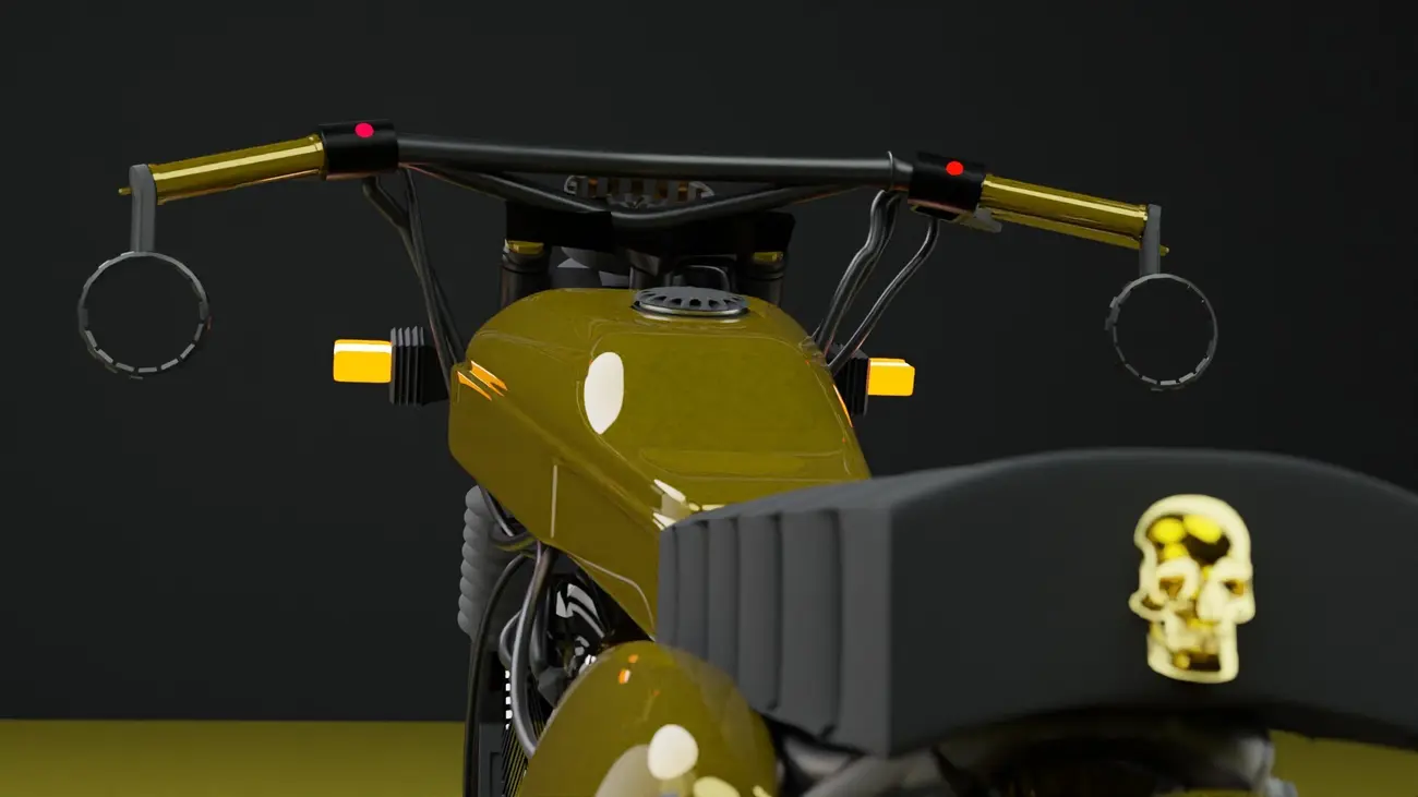 Handlebar and tank with a gold skull emblem