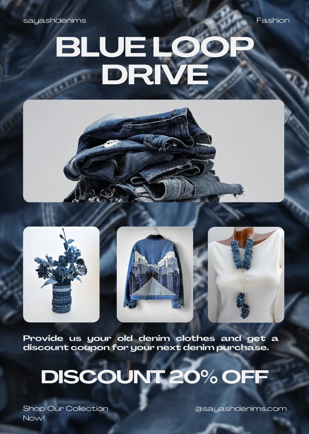 Blue Loop Drive poster for a denim recycling drive with a 20% discount