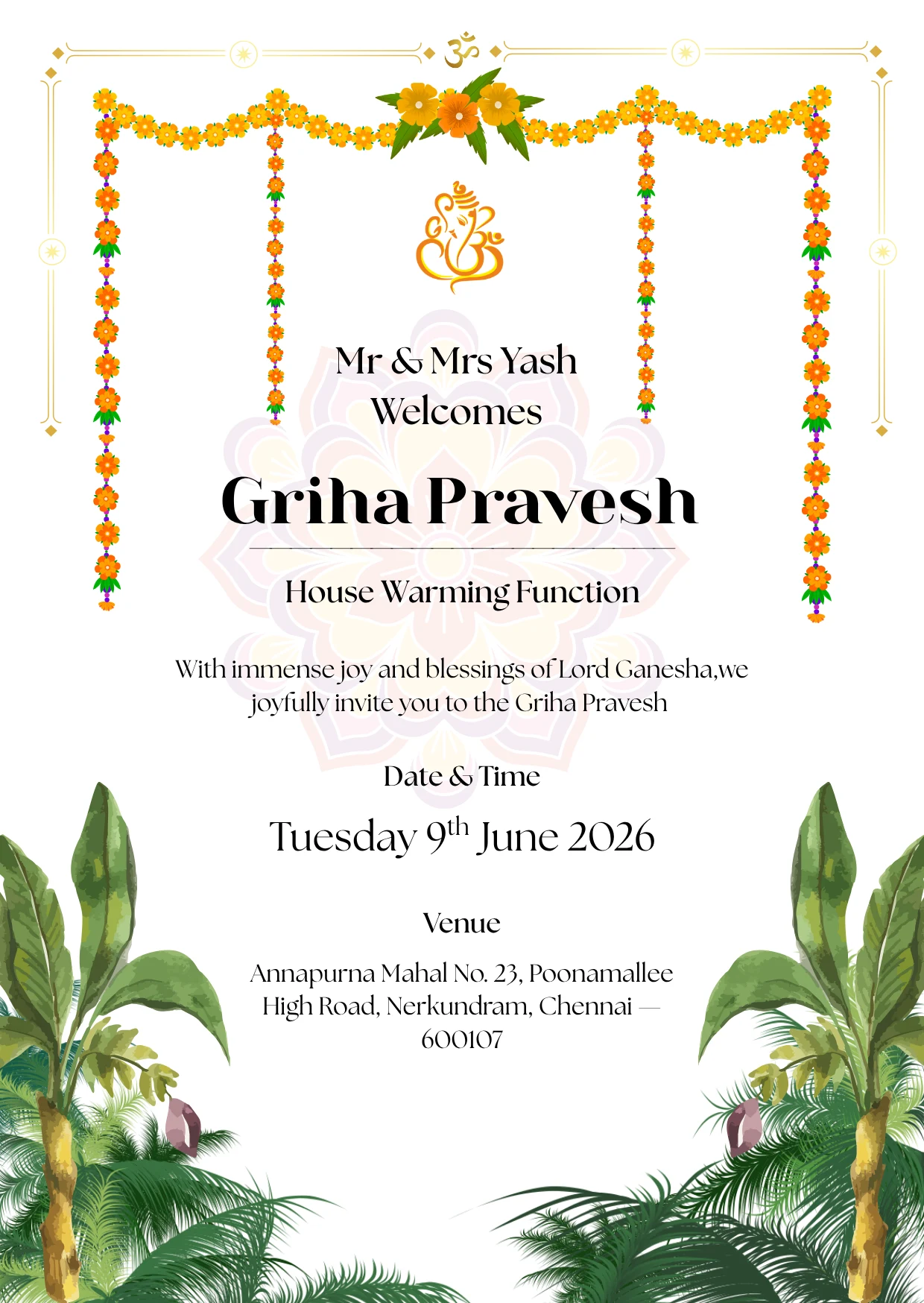Griha Pravesh housewarming invitation with a marigold toran, a golden Ganesha and banana trees