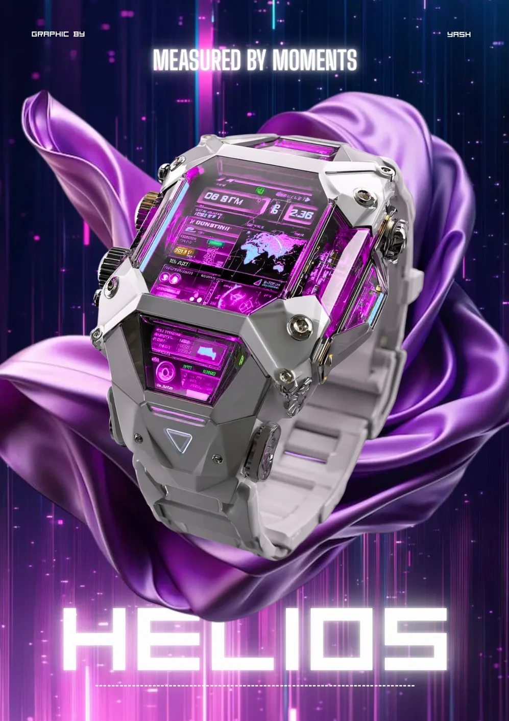 HELIOS poster: a futuristic watch wrapped in purple silk, “Measured by moments”