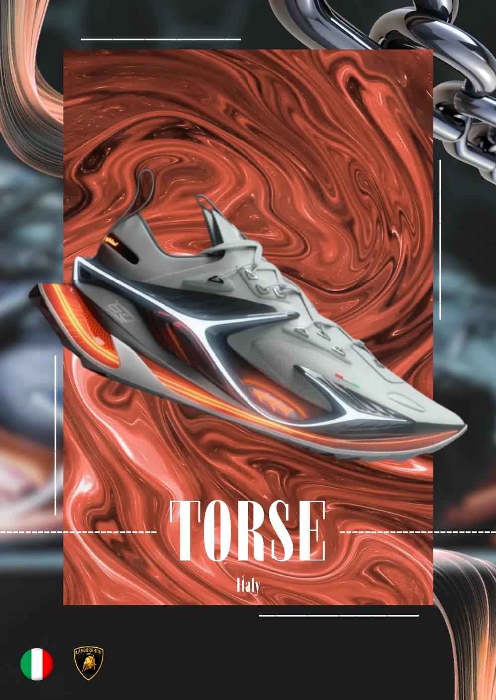 TORSE poster: a sneaker over a red marbled background