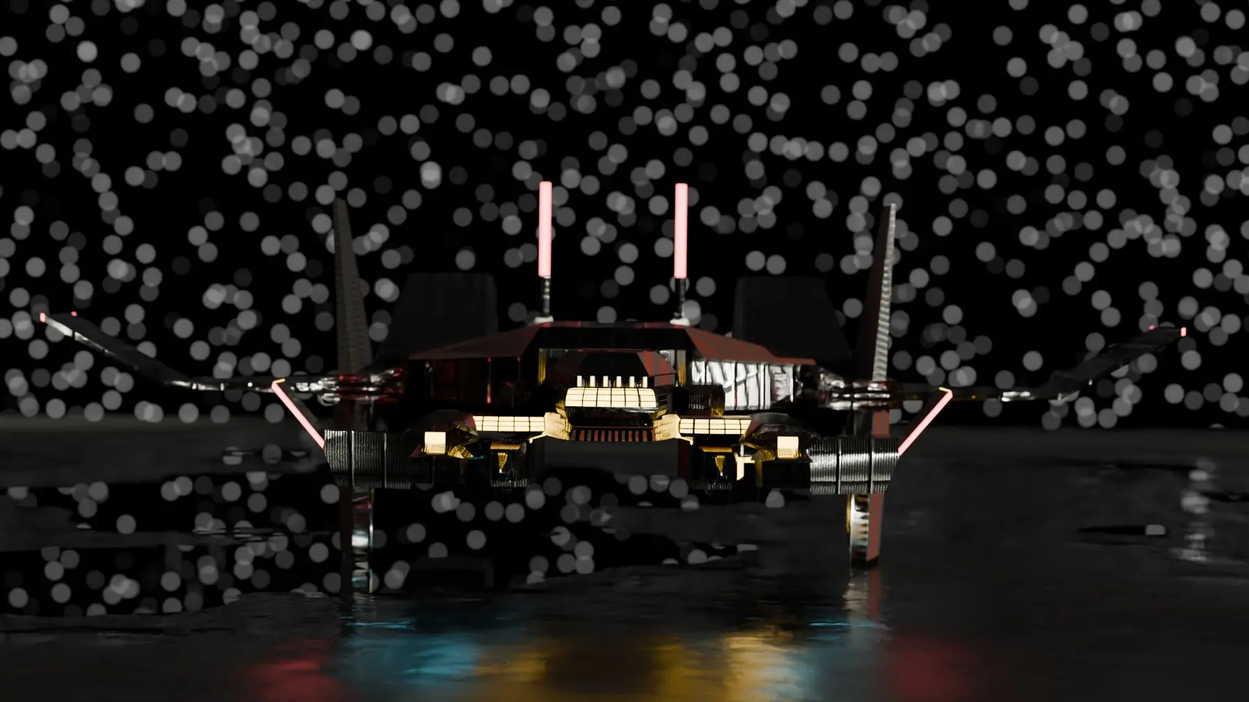 The Intergalactic ship from the front with bokeh lights