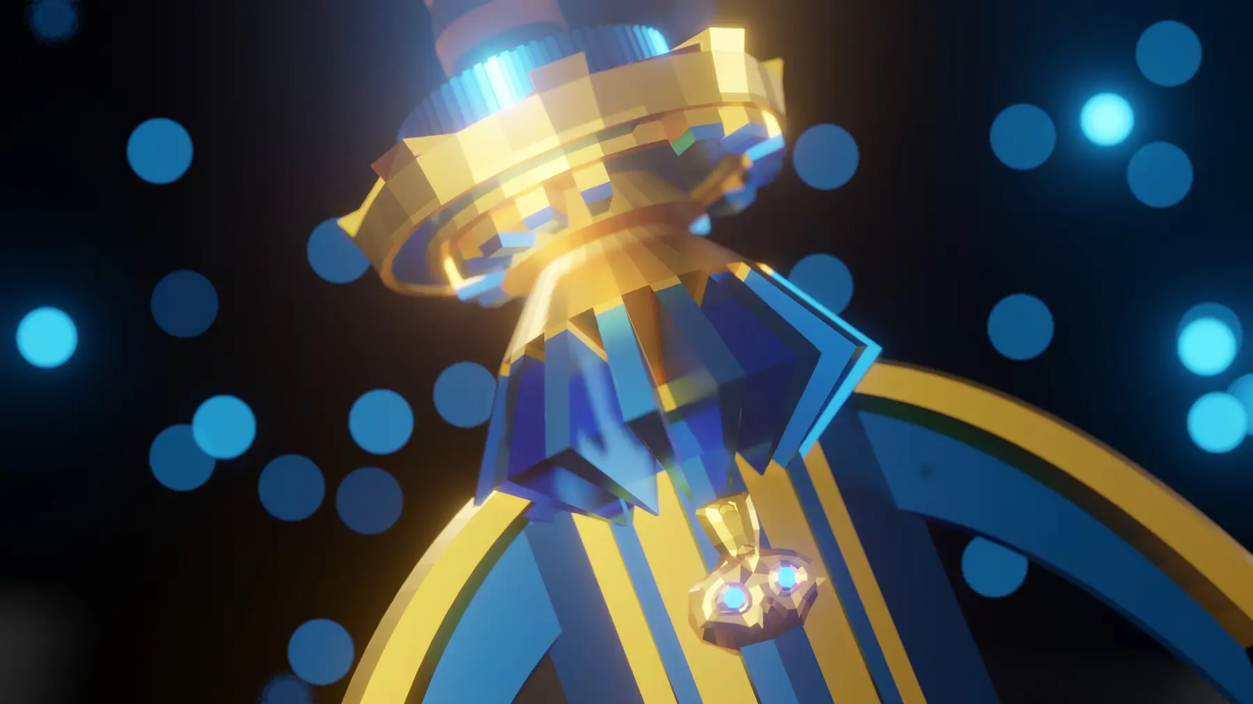 Poseidon blade with a gold and blue guard and glowing bokeh